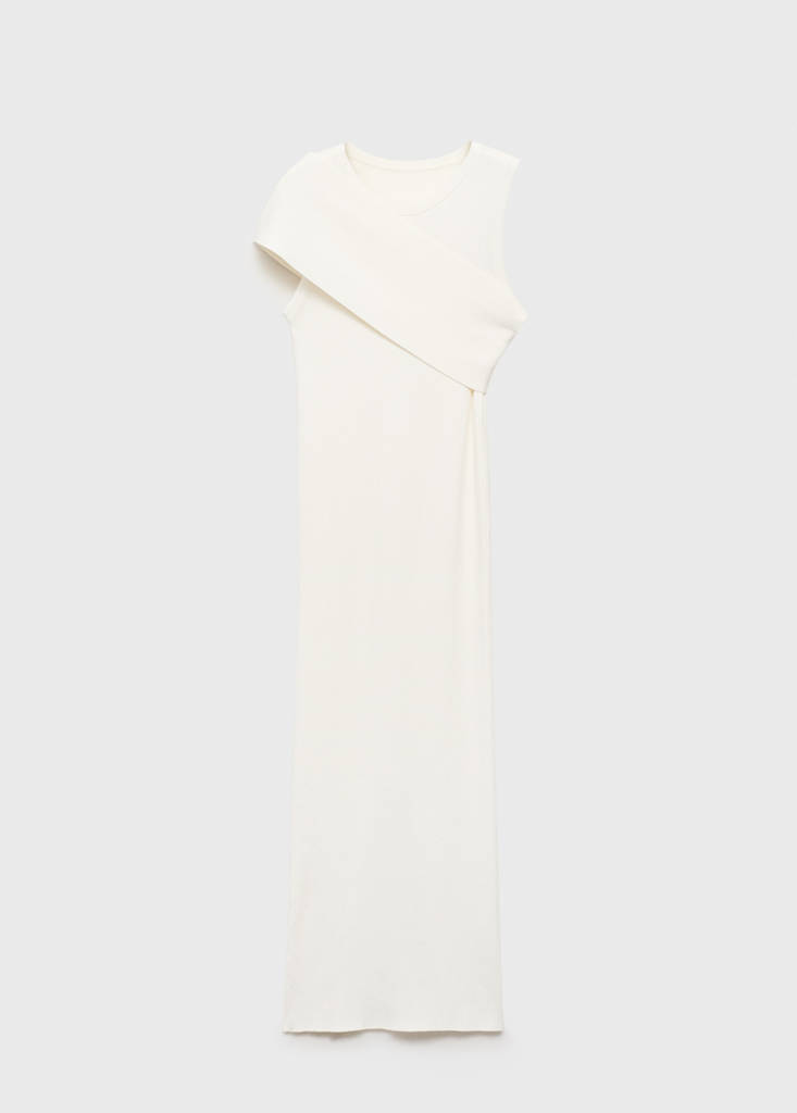Ribbed dress with asymmetrical sleeves — White