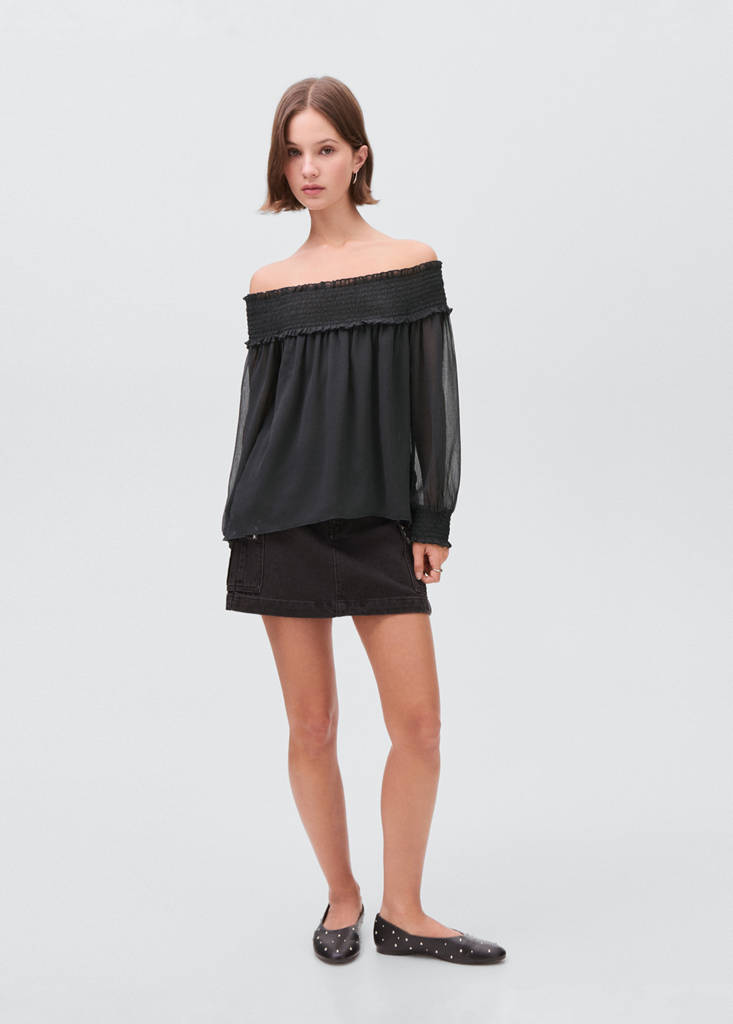 Strapless blouse with ruffled panel — Charcoal