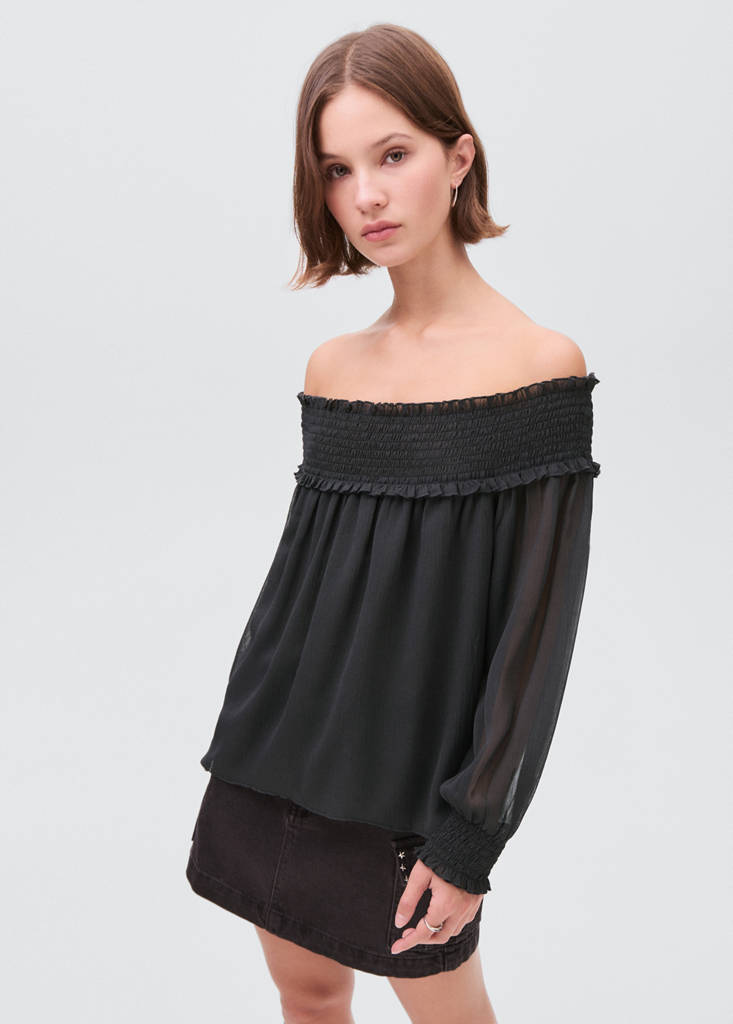 Strapless blouse with ruffled panel — Charcoal