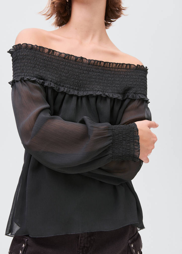 Strapless blouse with ruffled panel — Charcoal