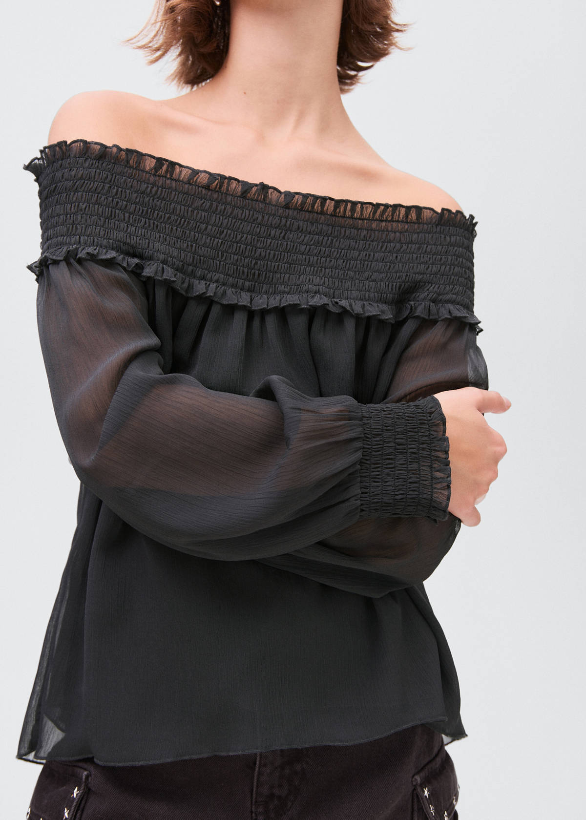 Strapless blouse with ruffled panel — Charcoal
