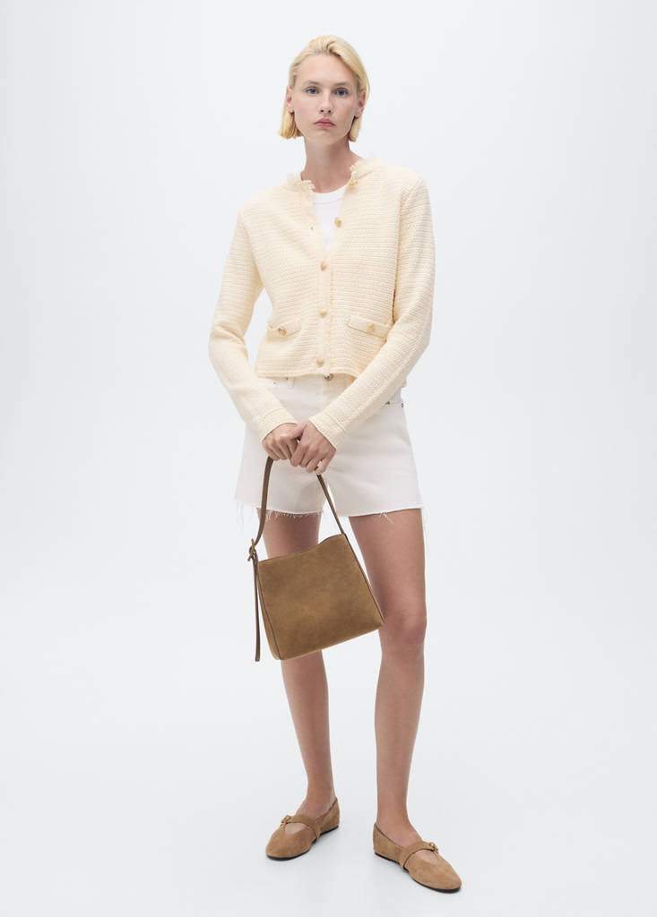 Knitted cardigan with frayed ends — Ecru