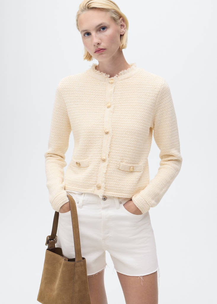 Knitted cardigan with frayed ends — Ecru