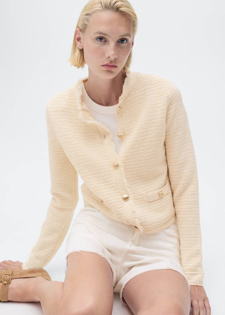 Knitted cardigan with frayed ends — Ecru