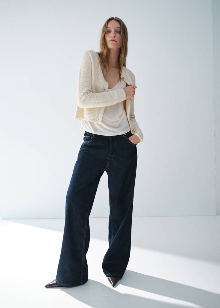 Knitted cardigan with frayed ends — Ecru