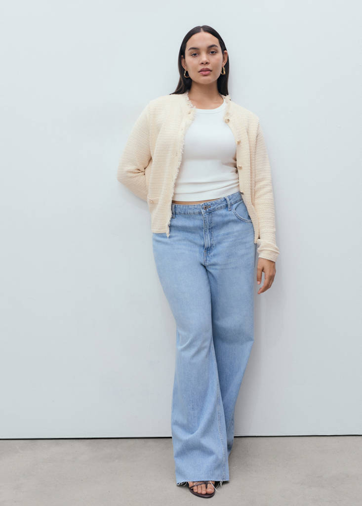 Knitted cardigan with frayed ends — Ecru
