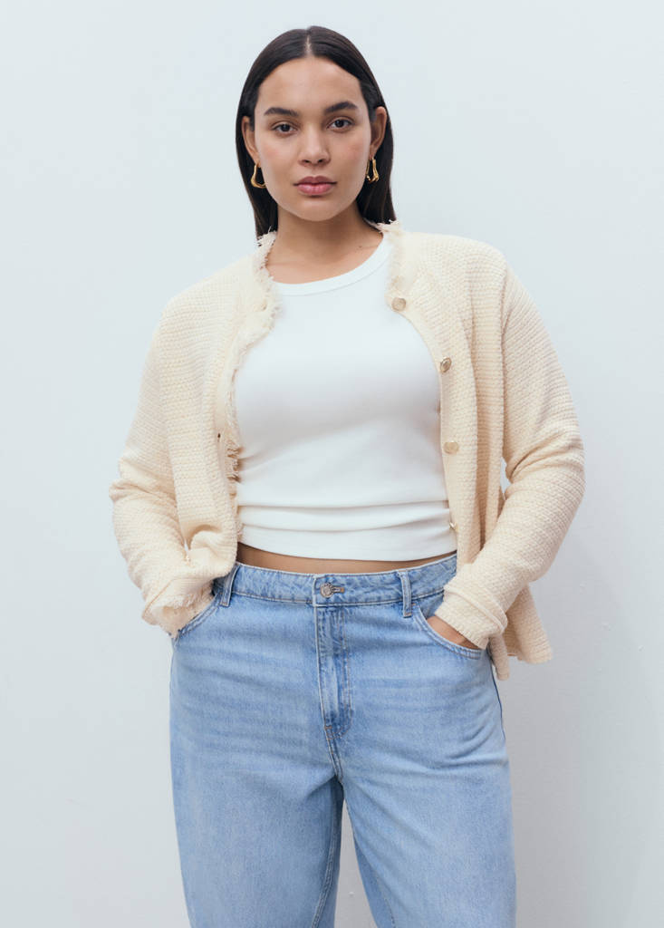Knitted cardigan with frayed ends — Ecru