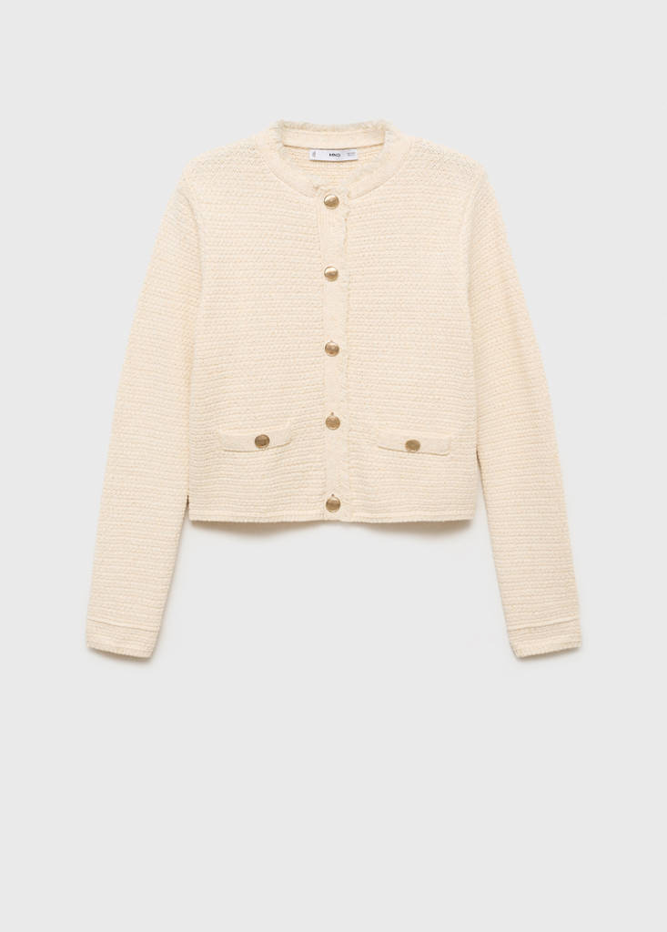 Knitted cardigan with frayed ends — Ecru