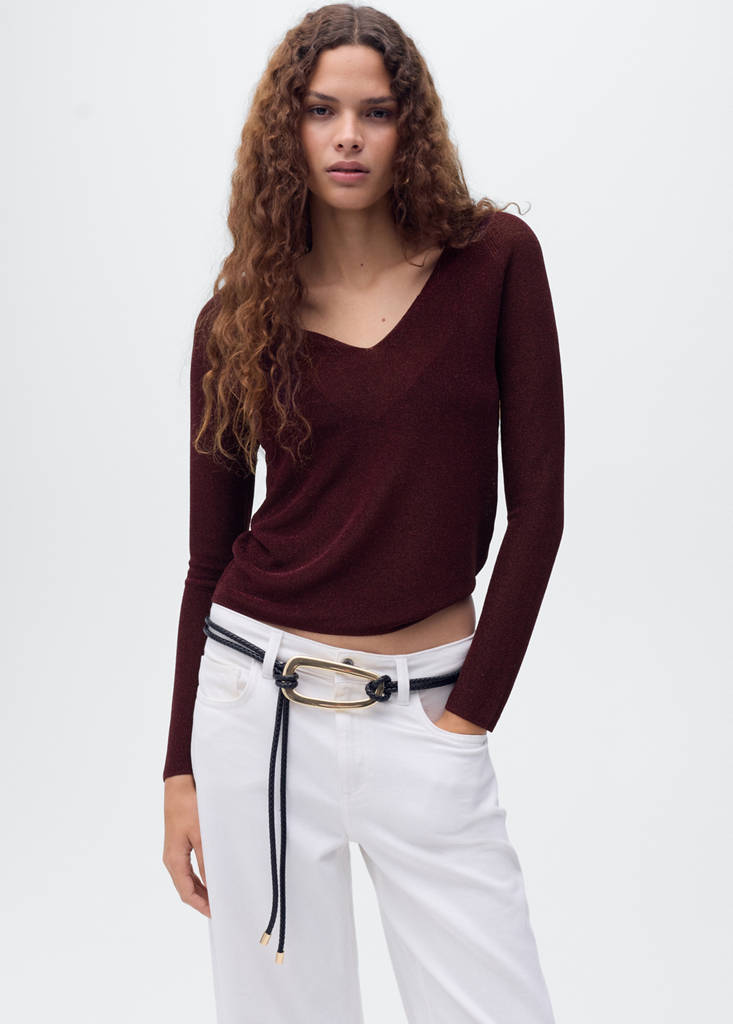 V-neck lurex sweater — Wine