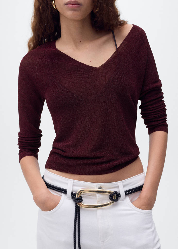 V-neck lurex sweater — Wine