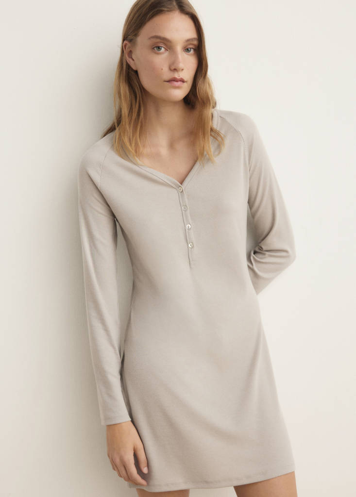 Ribbed-knit nightdress with buttons — Light/Pastel Grey