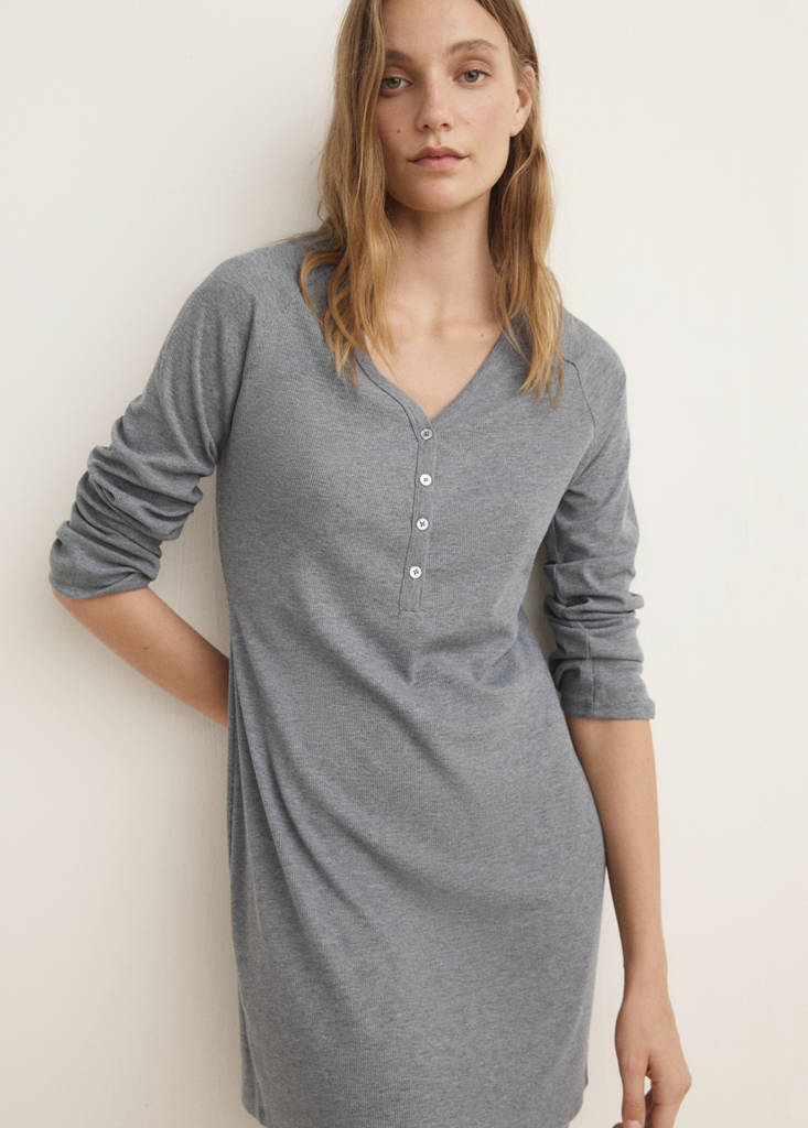 Ribbed-knit nightdress with buttons — Medium Heather Grey