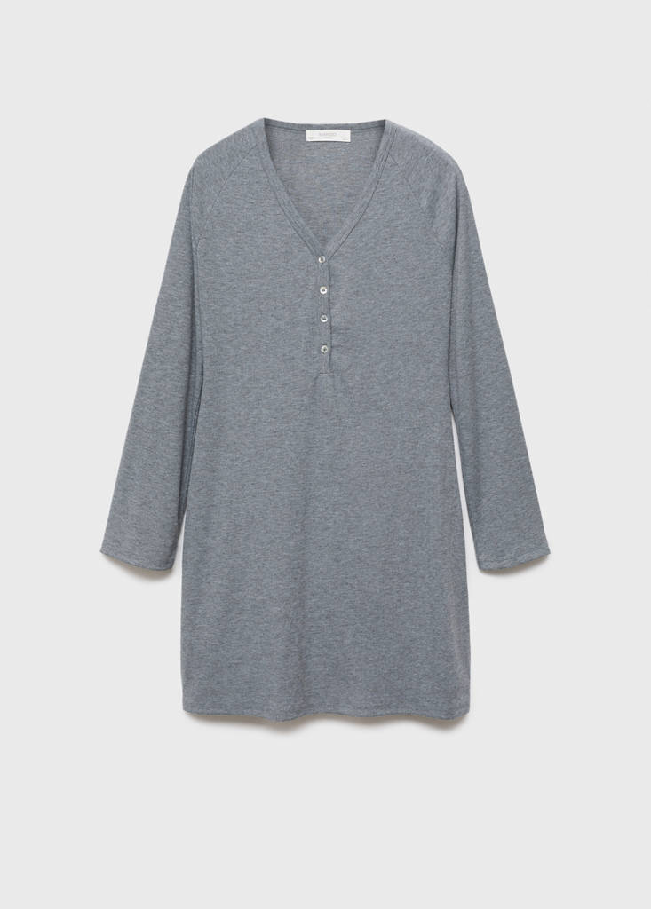 Ribbed-knit nightdress with buttons — Medium Heather Grey