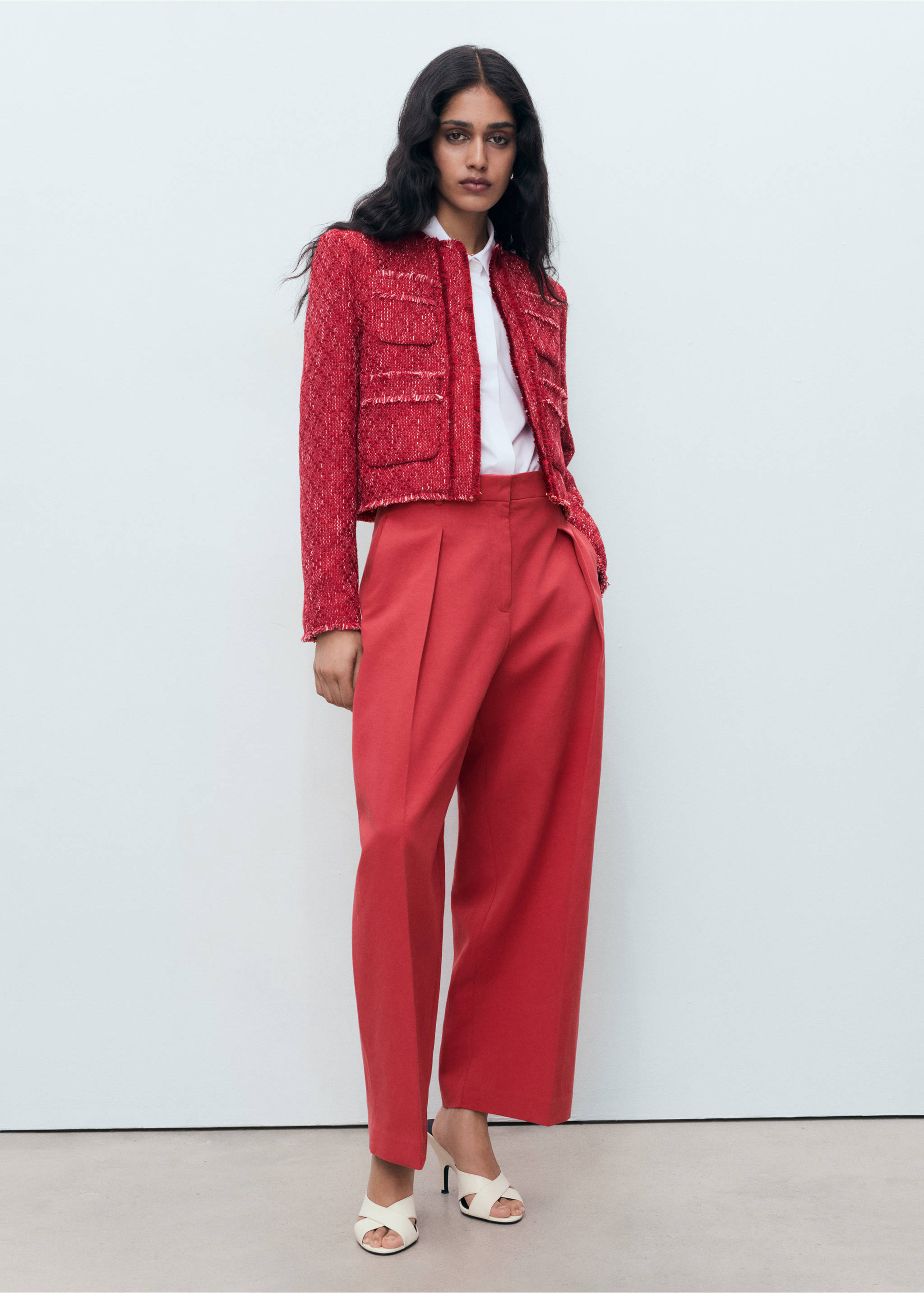 Veste tweed bords effilochés - Plan général, Rouge. Ref: 17054147-00.