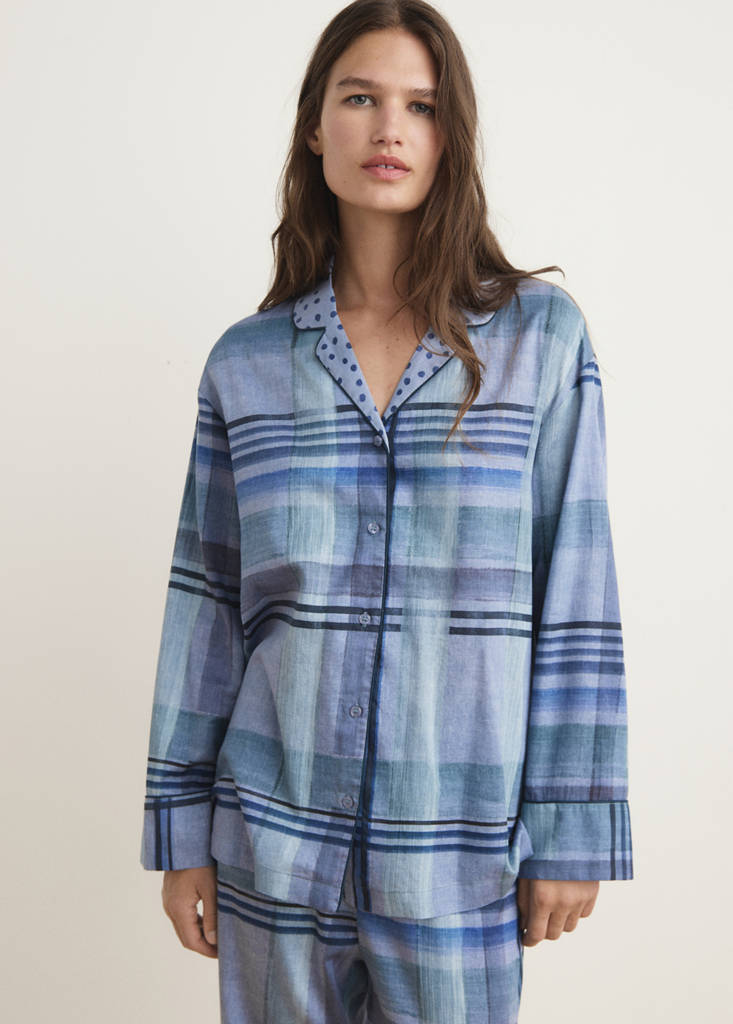 Printed pyjama shirt with piping — Ink Blue