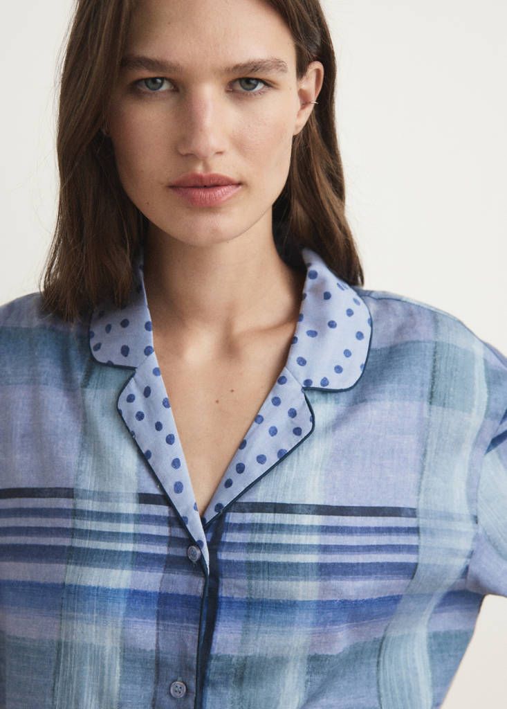 Printed pyjama shirt with piping — Ink Blue