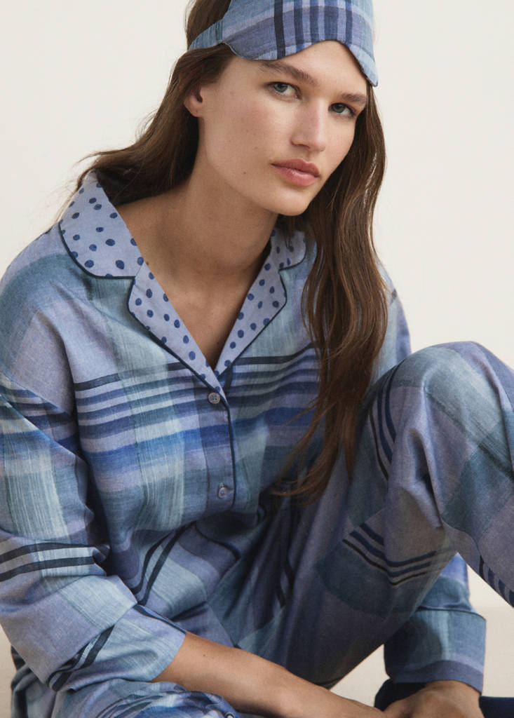 Printed pyjama shirt with piping — Ink Blue