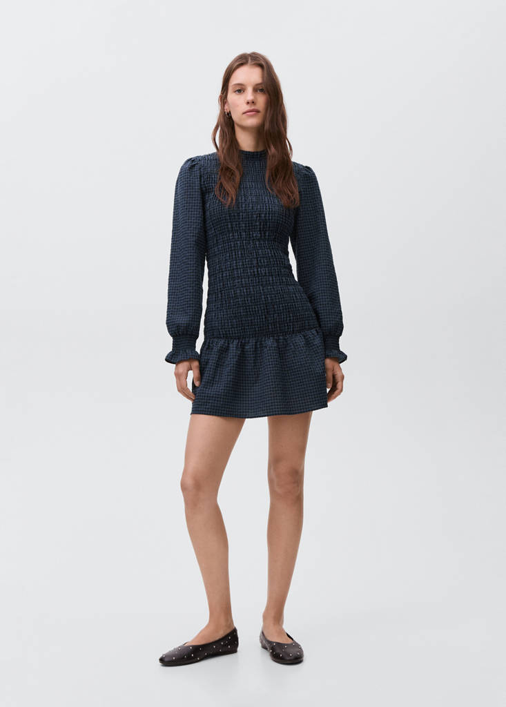 Gathered check dress — Black