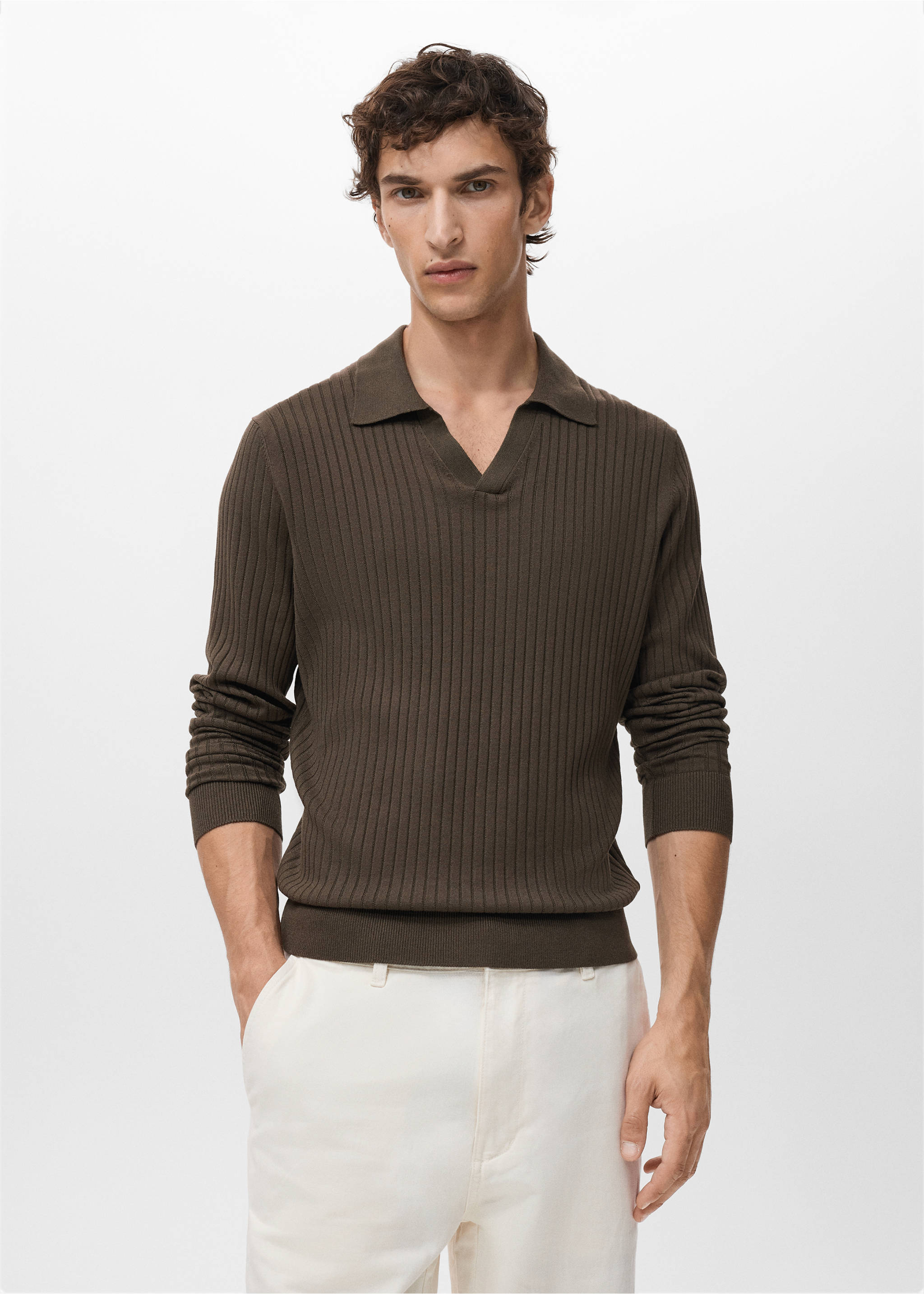 Jersey polo punto canalé - Plano medio, Khaki. Ref: 17055150-00.