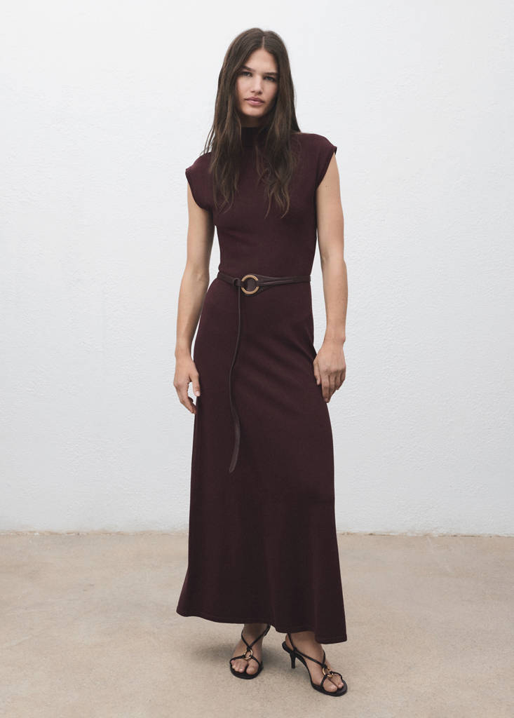 MANGO - Robe maille col montant grenat - S