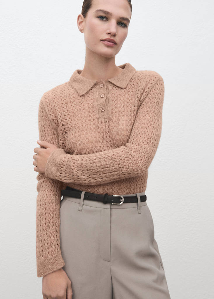 Openwork knitted polo-neck sweater — Medium Brown