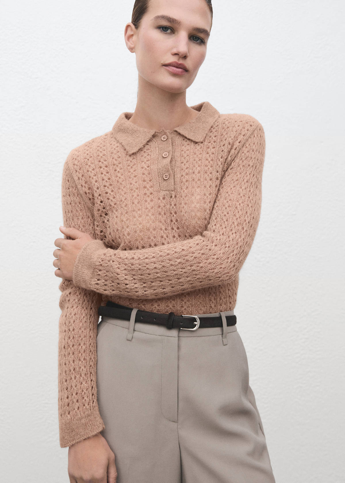 Openwork knitted polo-neck sweater — Medium Brown