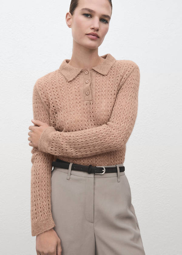 Openwork knitted polo-neck sweater — Medium Brown