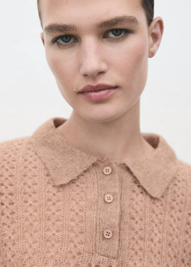 Openwork knitted polo-neck sweater — Medium Brown