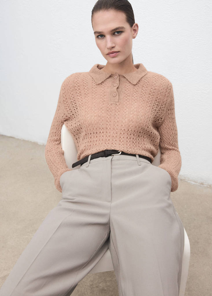 Openwork knitted polo-neck sweater — Medium Brown