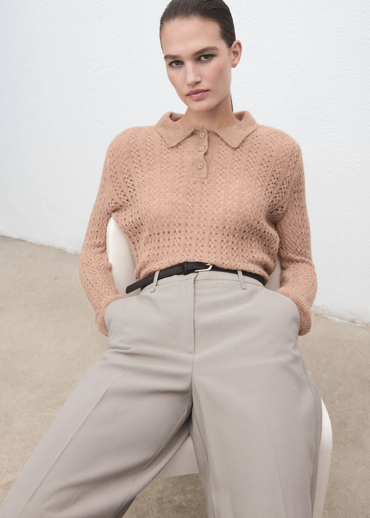 Openwork knitted polo-neck sweater — Medium Brown