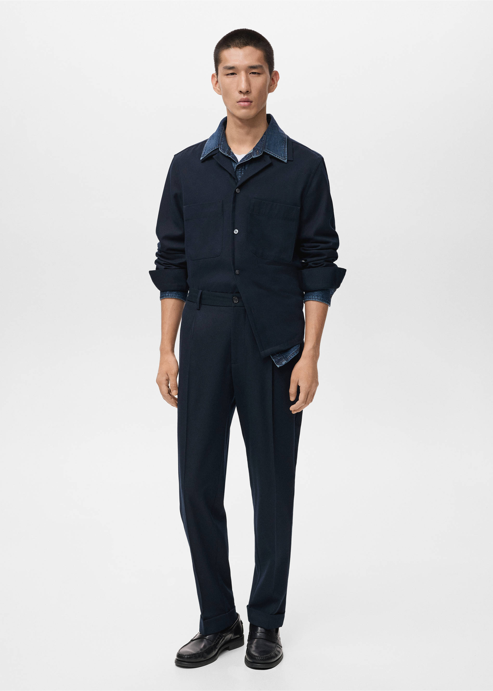 Regular-fit pleated flannel trousers - General plane, Navy. Ref: 17055968-00.