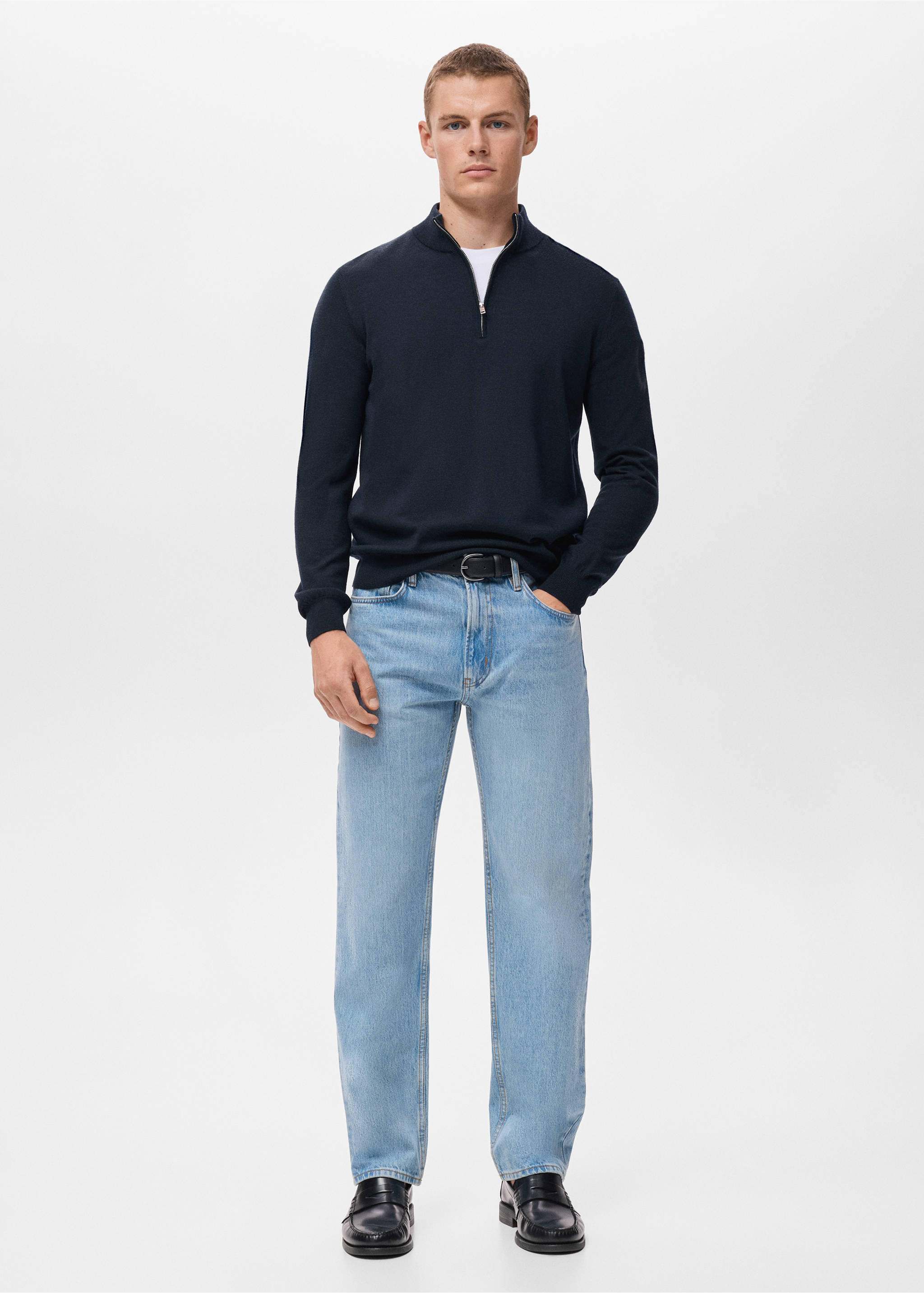 100% merino wool sweater with perkins collar - General plane, Navy. Ref: 17055971-00.