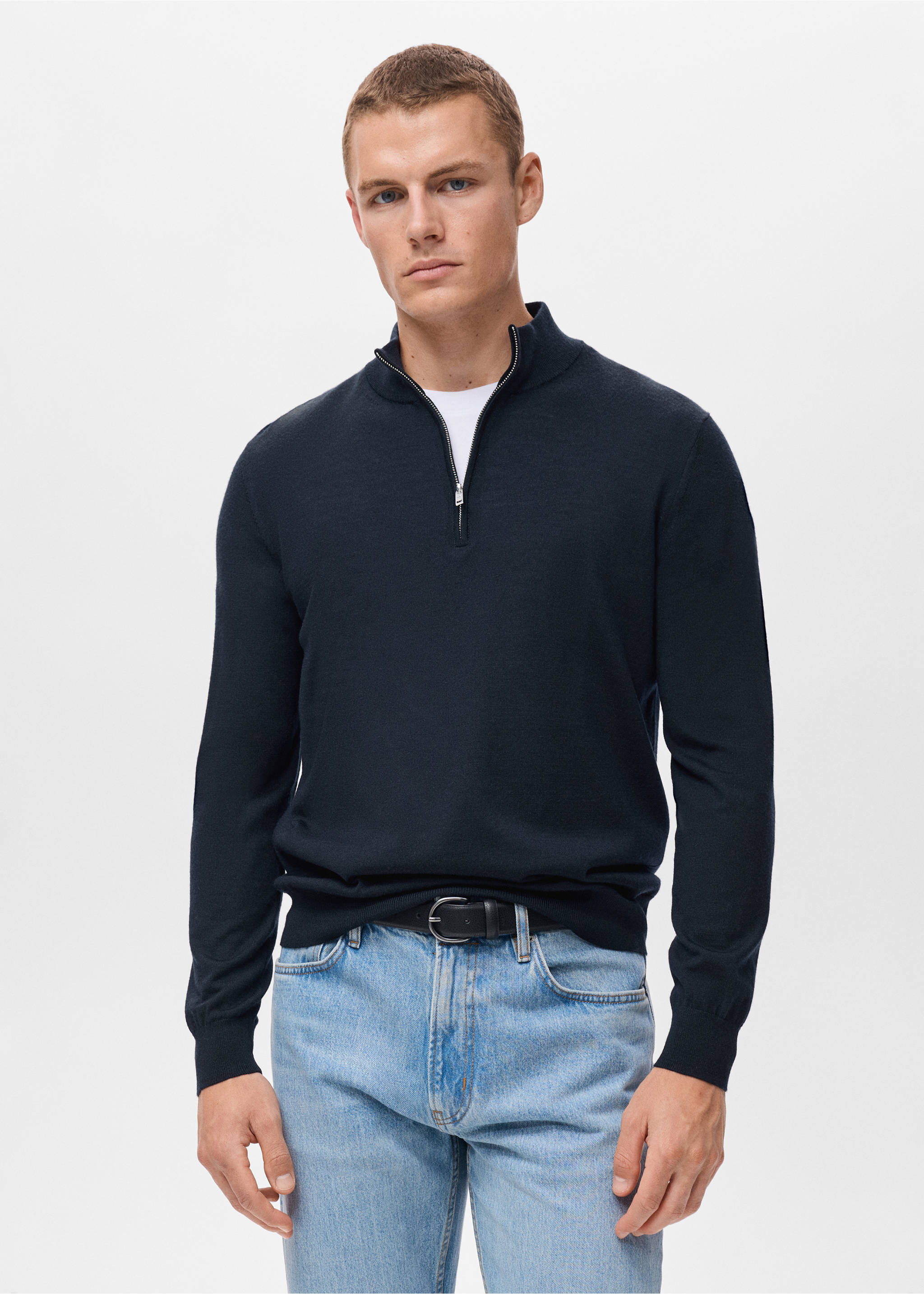 100% merino wool sweater with perkins collar - Medium plane, Navy. Ref: 17055971-00.