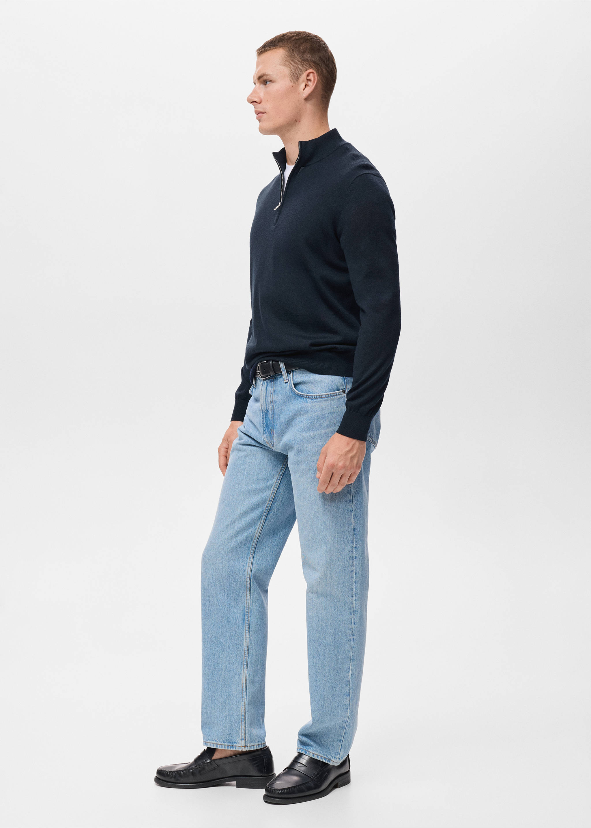 100% merino wool sweater with perkins collar - Details of the article 2, Navy. Ref: 17055971-00.