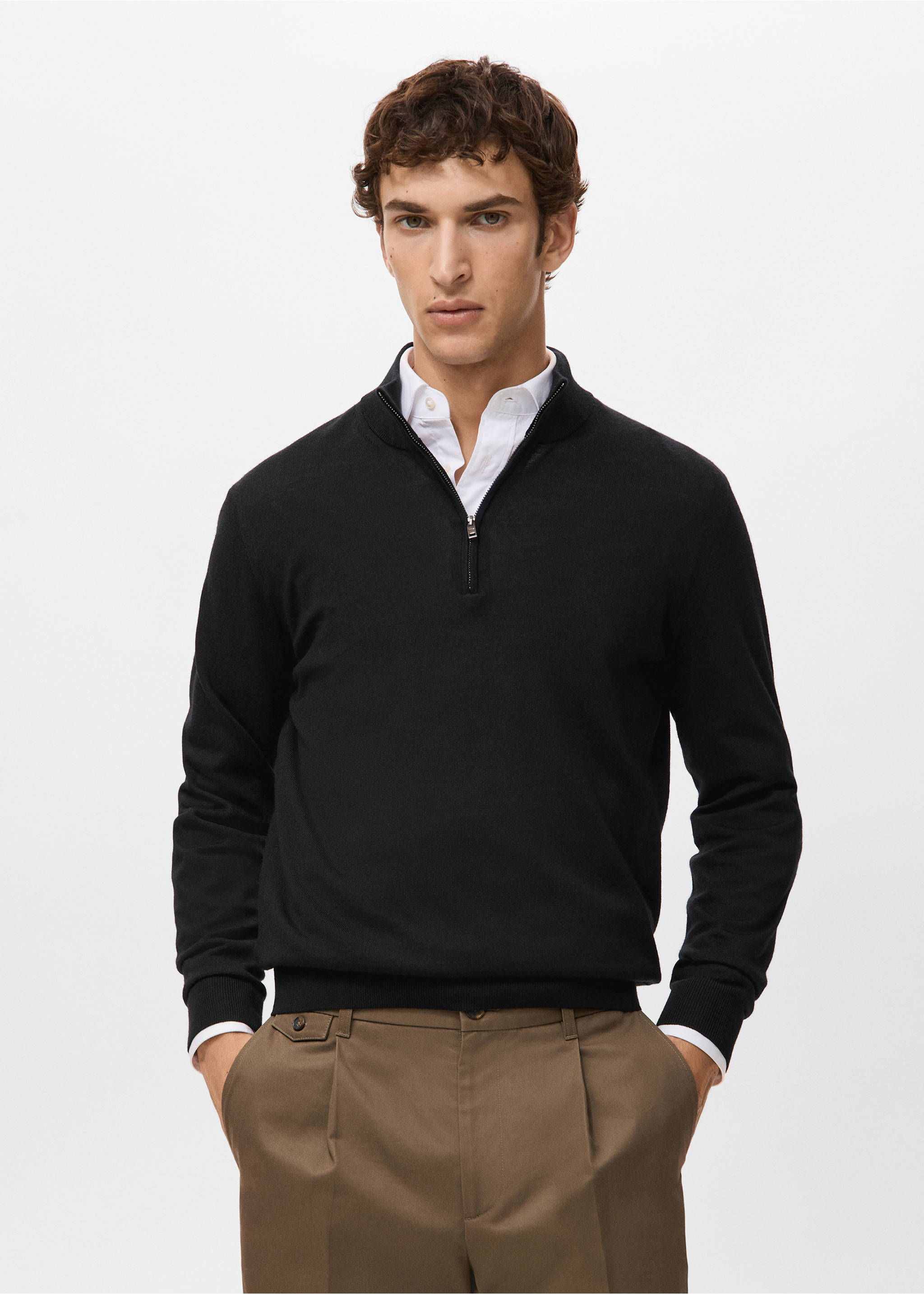 100% merino wool sweater with perkins collar - Medium plane, Black. Ref: 17055971-00.