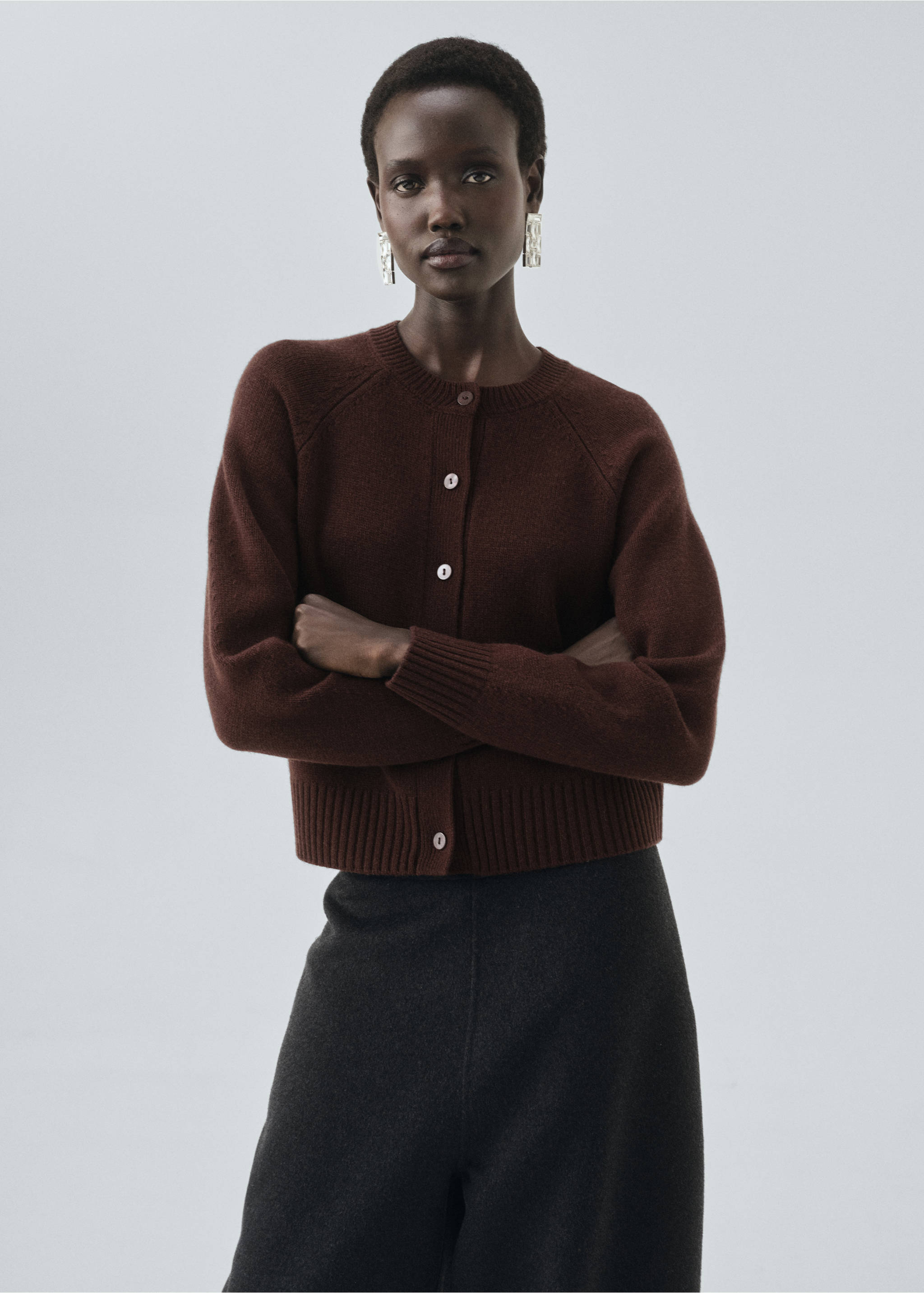 Chunky knit wool-blend cardigan - Medium plane, Chocolate. Ref: 17056352-00.