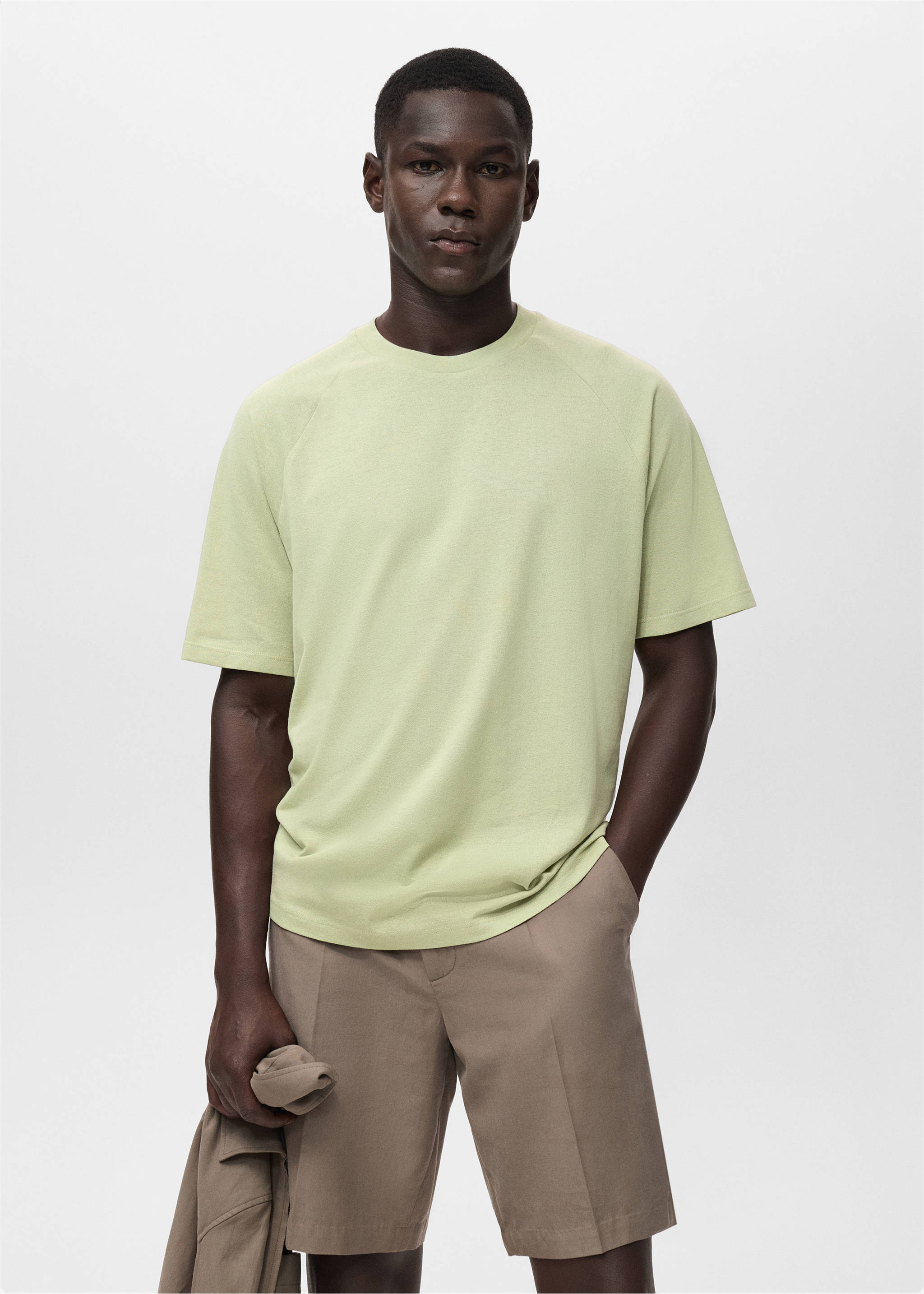 Camiseta algodón lino relaxed fit - Plano medio, Verde manzana. Ref: 17057767-00.