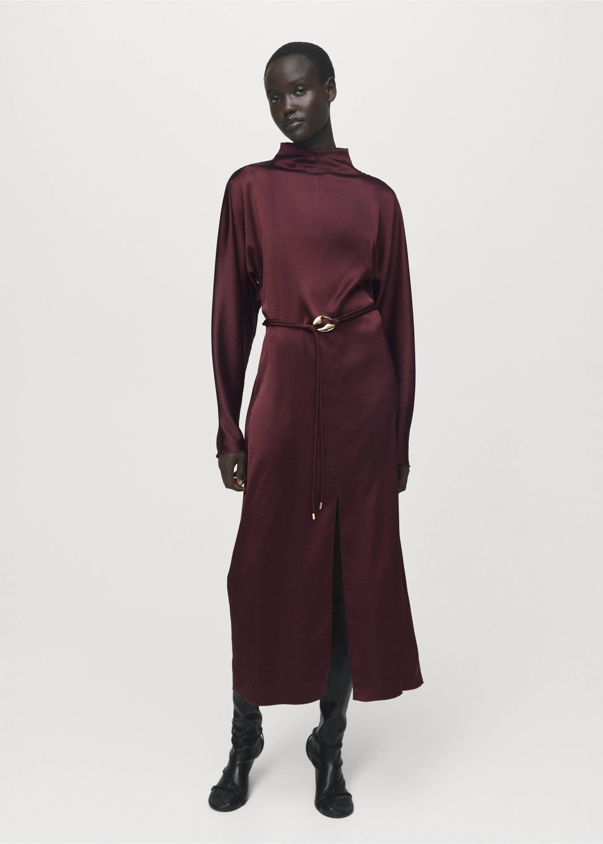 Belt satin dress - General plane, Maroon. Ref: 17057806-00.