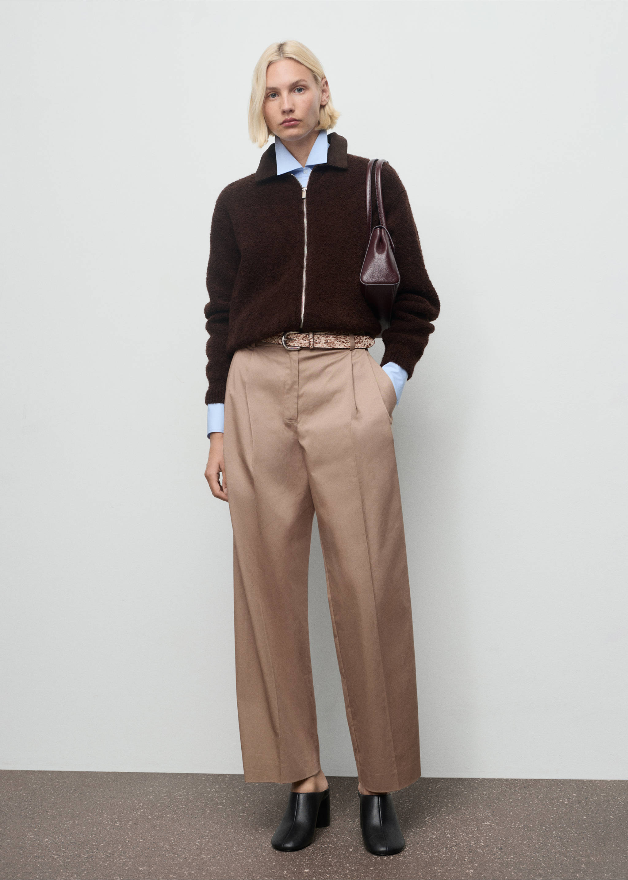 Veste en maille bouclée avec col en velours côtelé - Plan général, Marron. Ref: 17057813-00.