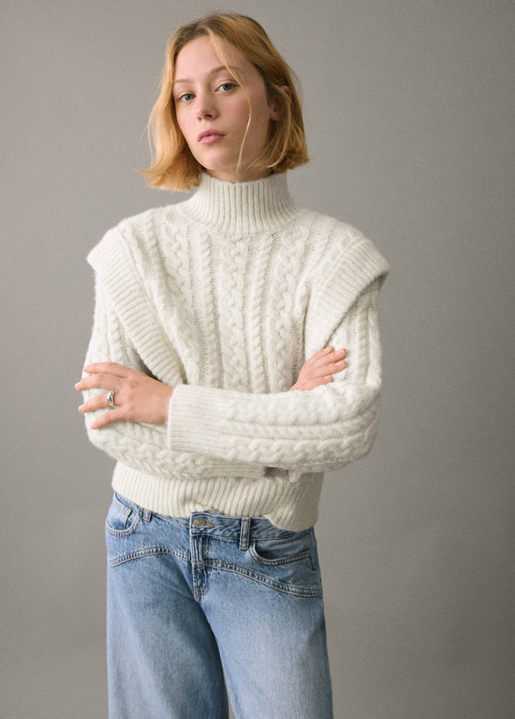 Knitted sweater with perkins neck — Ecru