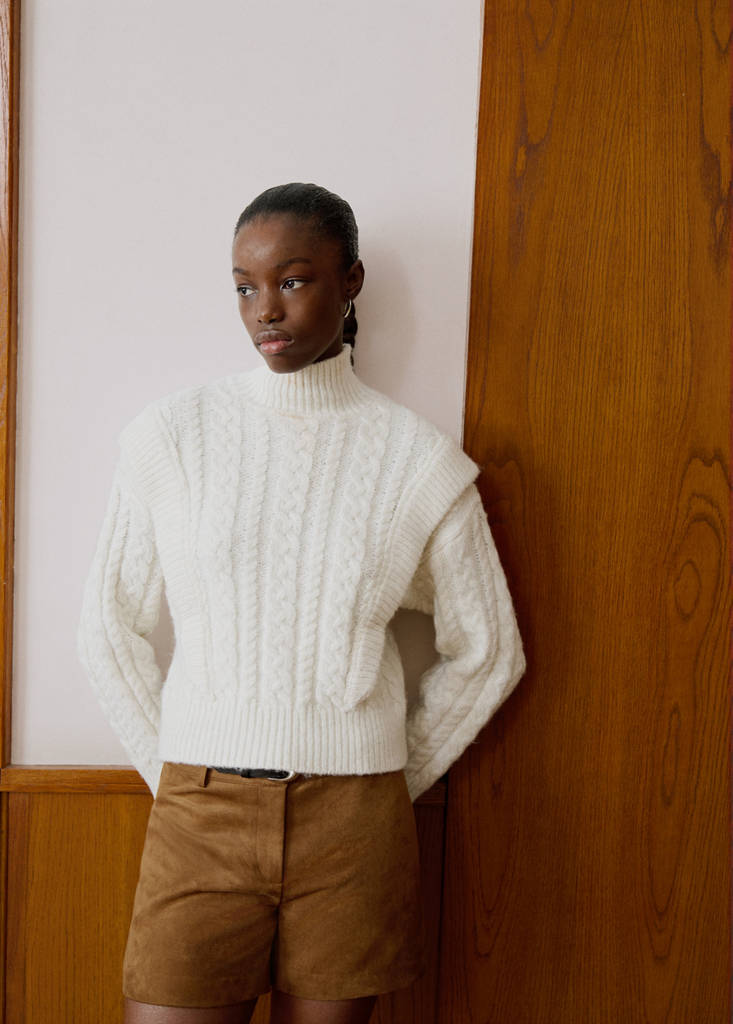 Knitted sweater with perkins neck — Ecru