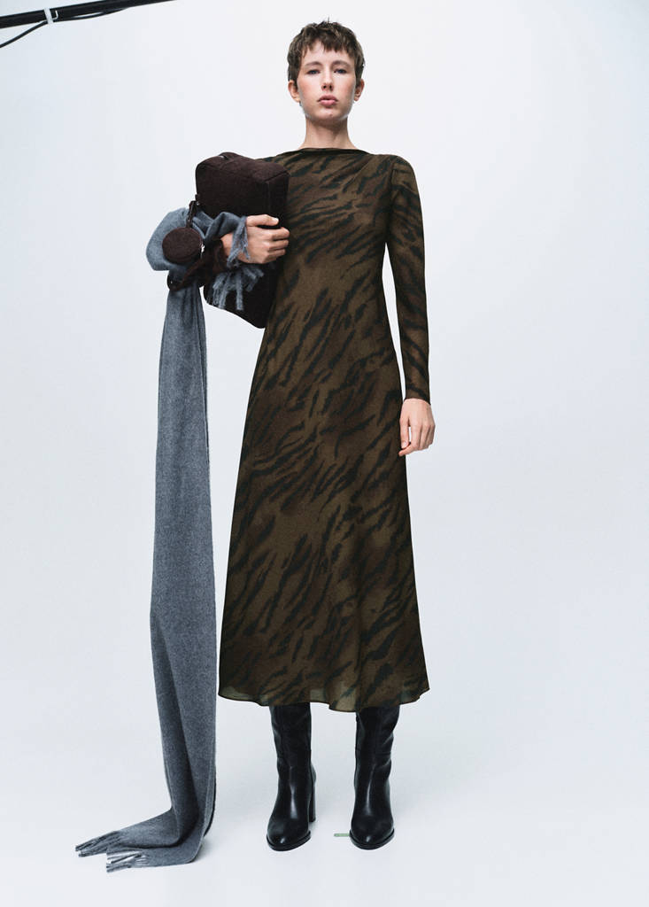 Satin animal-print dress — Brown