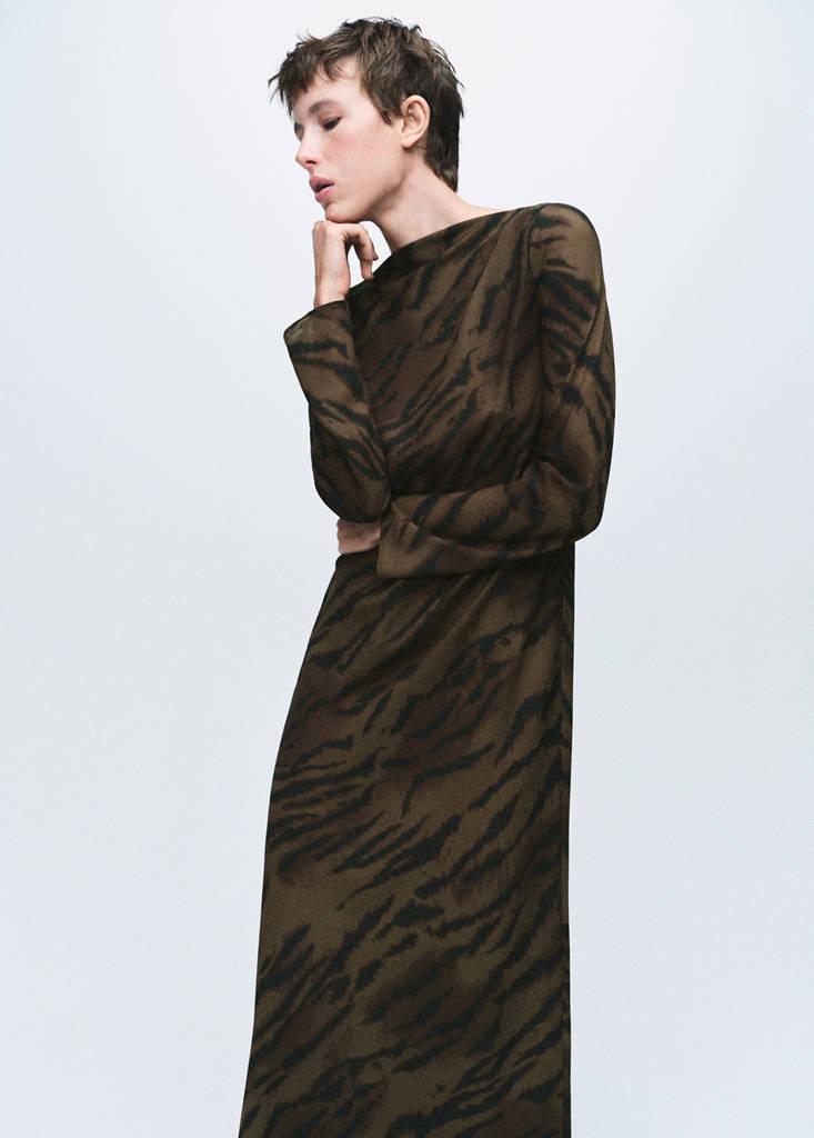 Satin animal-print dress — Brown