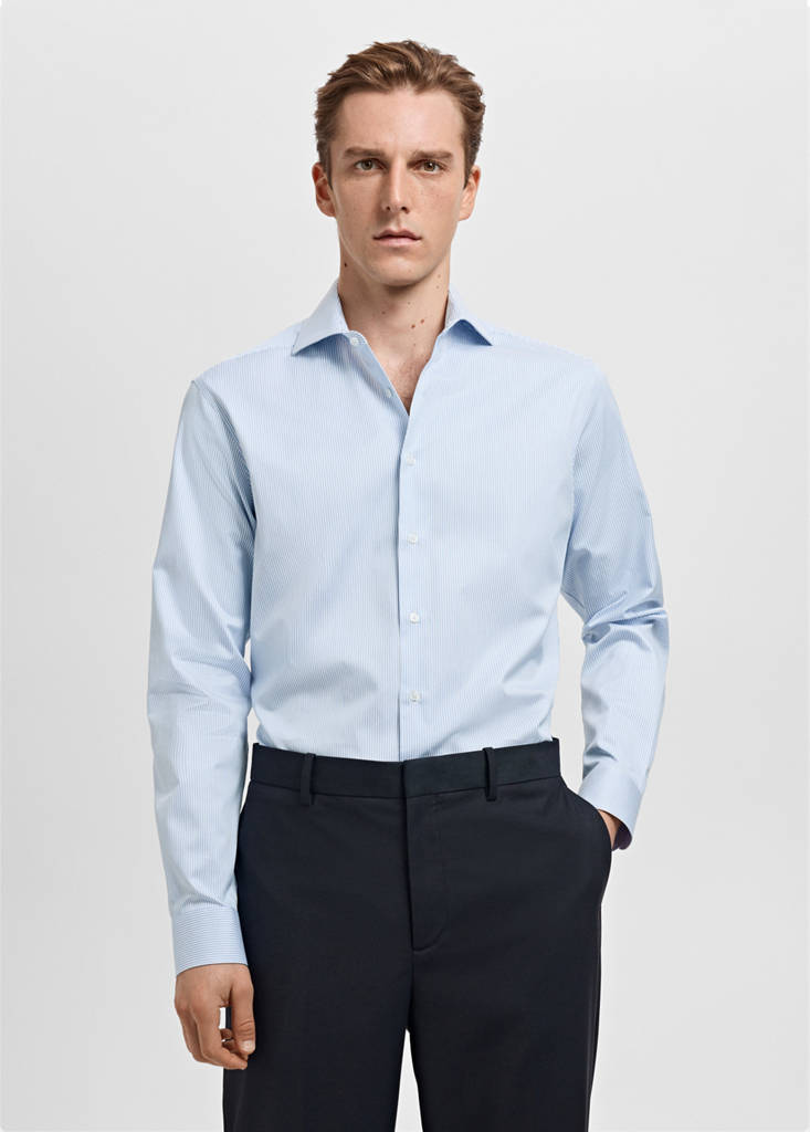 Slim-fit Giza cotton striped formal shirt — Sky Blue