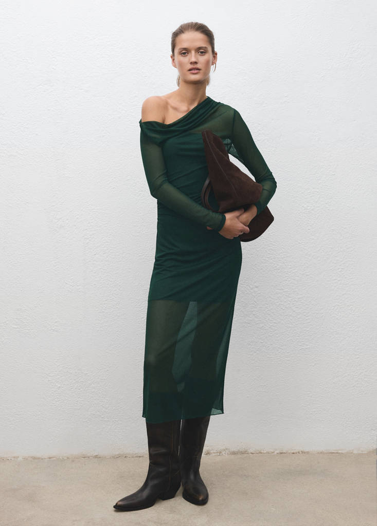 MANGO - Robe asymétrique semi-transparente vert - M