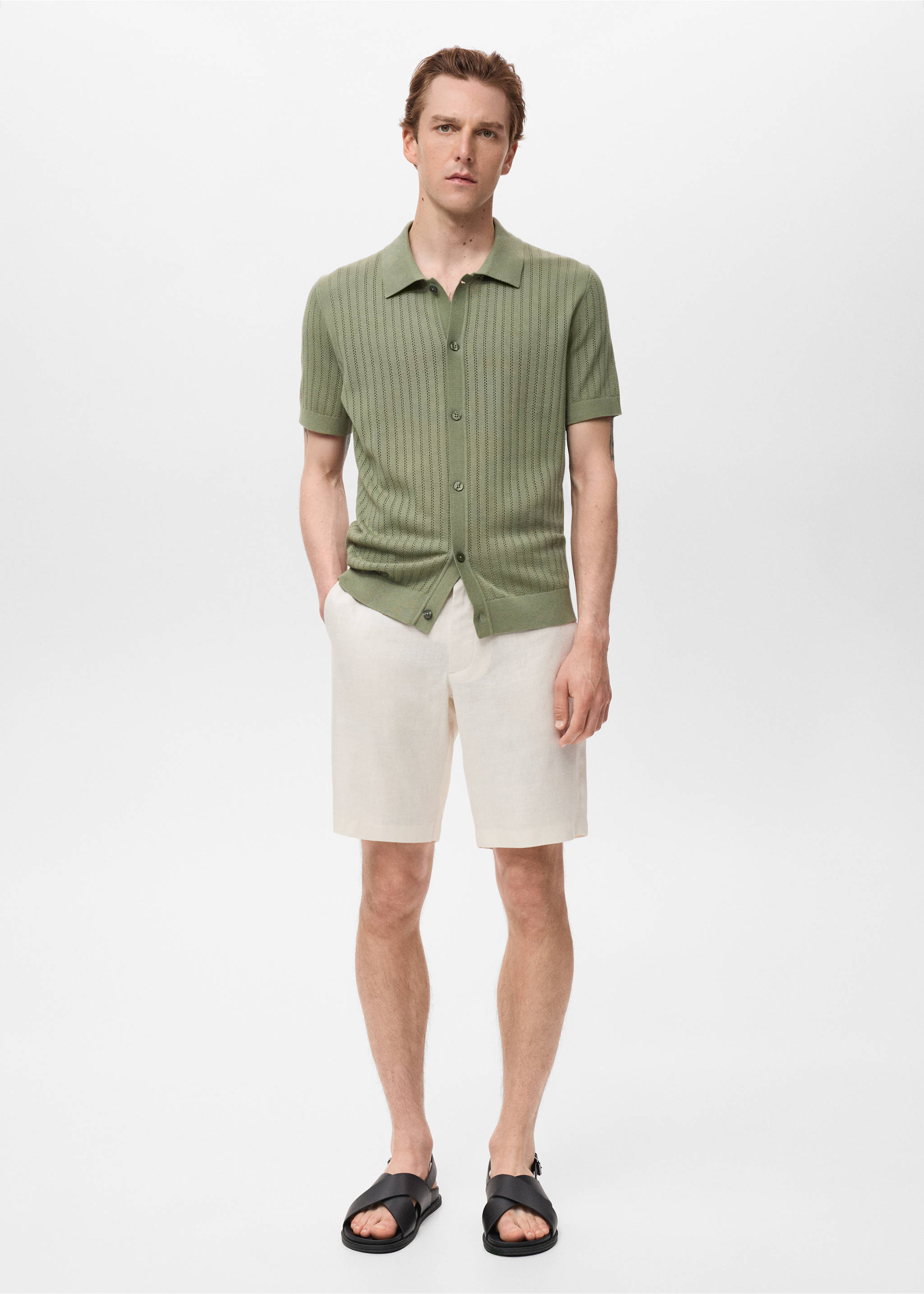 Bermudas slim fit 100% lino - Plano general, Blanco roto. Ref: 17061142-00.