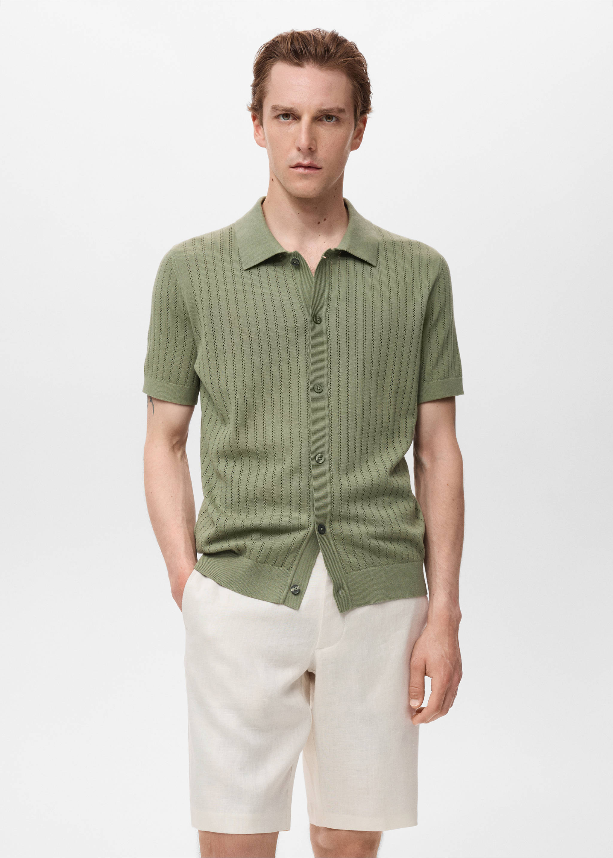 Bermudas slim fit 100% lino - Plano medio, Blanco roto. Ref: 17061142-00.