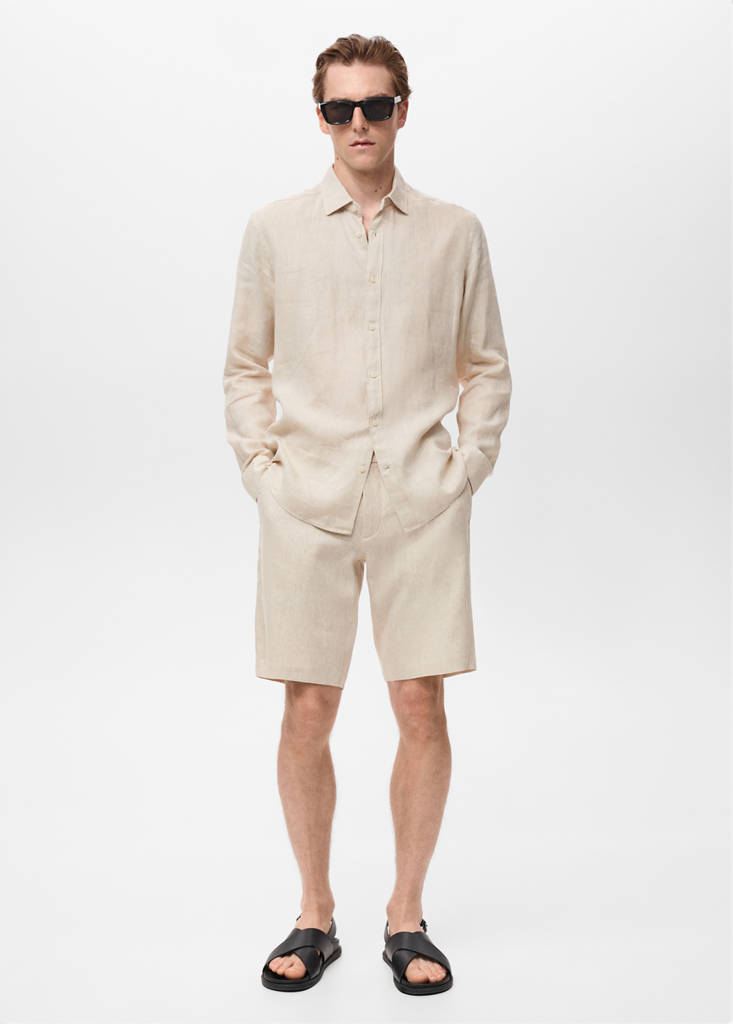 Slim-fit 100% linen bermuda shorts — Ecru