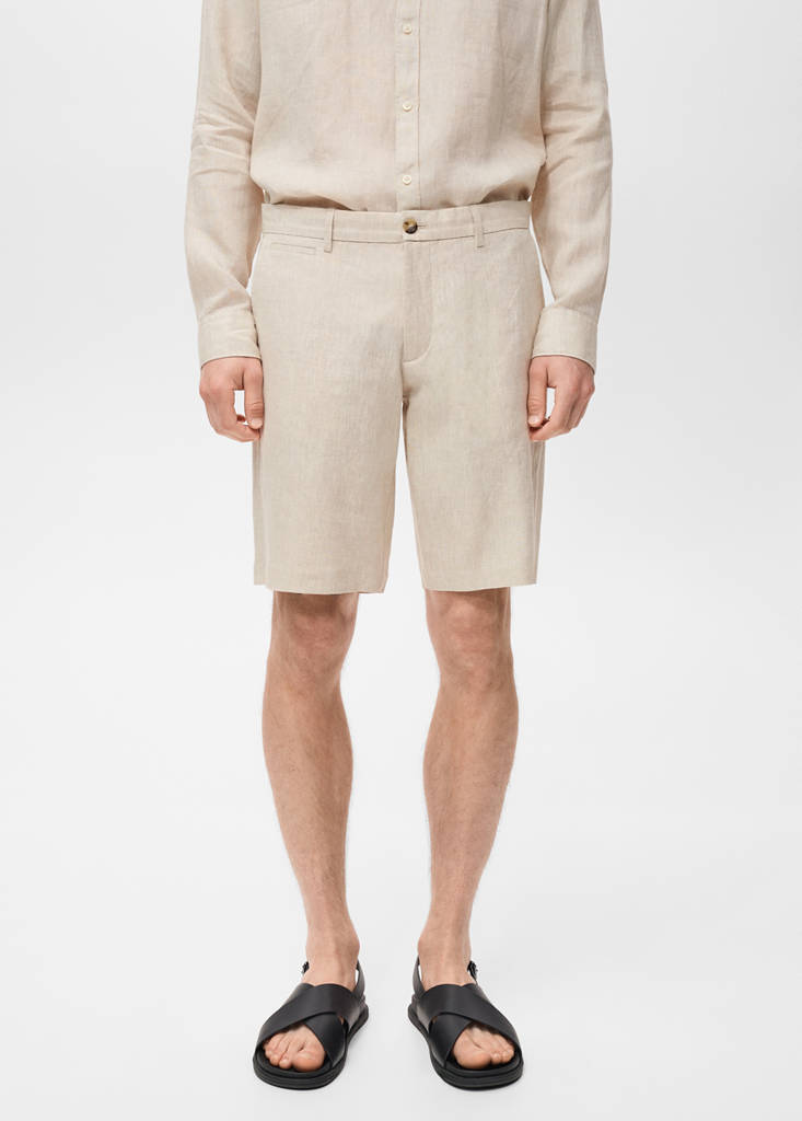 Slim-fit 100% linen bermuda shorts — Ecru