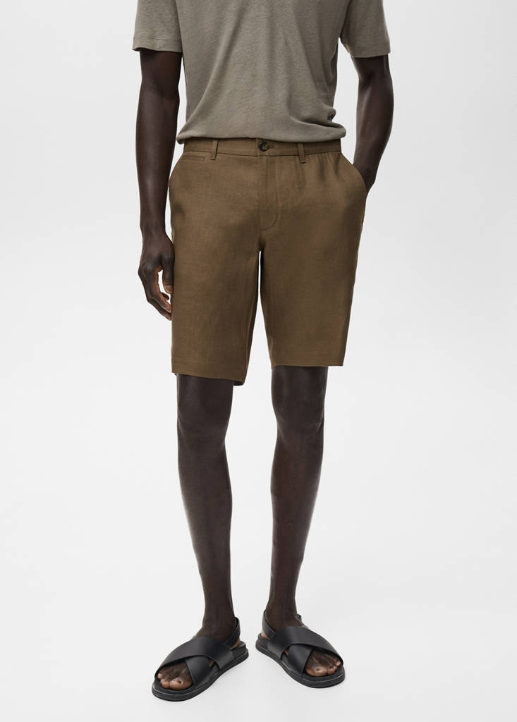Slim-fit 100% linen bermuda shorts — Medium Green